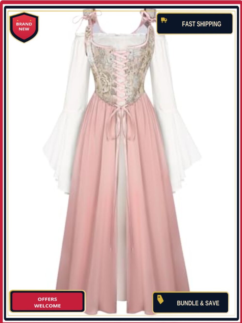Renaissance Costume Two-Piece Bell Sleeve Medieval Fairy Dress Cosplay